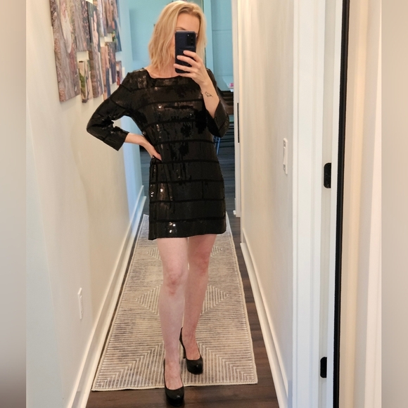 Theory Black Sequin Shift Dress - Size M - Picture 2 of 15